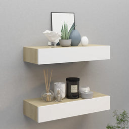 vidaXL - Wandschappen - 2 - st - met - lade - 60x23,5x10 - cm - MDF - eikenkleurig - wit