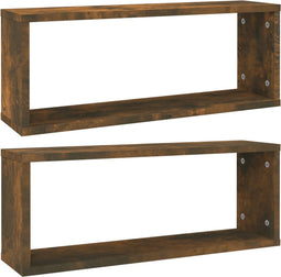 vidaXL - Wandschappen - kubus - 2 - st - 60x15x23 - cm - bewerkt - hout - gerookt - eiken