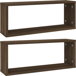 vidaXL - Wandschappen - kubus - 2 - st - 60x15x23 - cm - bewerkt - hout - bruin - eiken