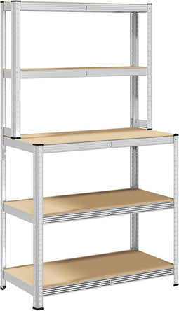 vidaXL - Werktafel - 5-laags - met - schappen - staal - & - bewerkt - hout - zilverkleur