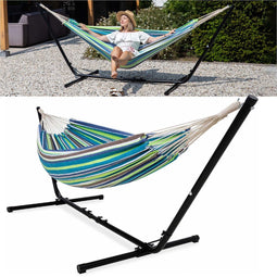 Vita5 Hangmat met Standaard 2 Persoons - Blauw/Groen - Draaggewicht 205 kg - Verstelbare Lengte - Incl. Draagtas