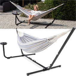 Vita5 Hangmat met Standaard – 2 Persoons – Incl. Bekerhouder – 205kg Draaggewicht – Blauw/Wit