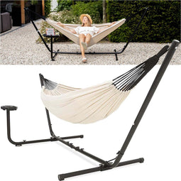 Vita5 Hangmat met Standaard – 2 Persoons – Incl. Bekerhouder – 205kg Draaggewicht – Beige/Wit