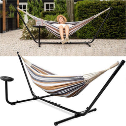 Vita5 Hangmat met Standaard 2 Persoons - Incl. Bekerhouder - Draaggewicht 205 kg - Blauw Wit Bruin - Verstelbare Lengte - Incl. Draagtas