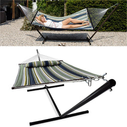 Vita5 Hangmat met Standaard en Spreidstok – 2 Persoons – Afneembaar kussen – uv-bestendig – Blauw