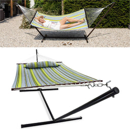Vita5 Hangmat met Standaard en Spreidstok – 2 Persoons – Afneembaar kussen – Weerbestendig – Blauw/Groen