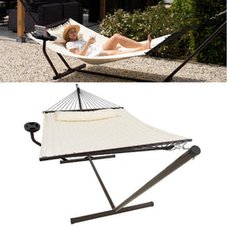 Vita5 Hangmat met Standaard en Spreidstok – 2 Persoons – incl. Bekerhouder - Afneembaar kussen – uv-bestendig – Beige