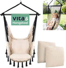 Vita5 XXL Hangstoel | Binnen&Buiten Hangnest | Incl. 2 Kussens en Boekenvak | Volwassenen&Kinderen | Hangmatstoel tot 200kg | Beige