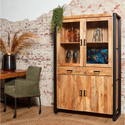 Vitrinekast Britt | Mango metaal 115 cm breed - mangohout - opbergkast - metaal - duurzaam - meubels - Opbergkast - Buffetkast - Kast