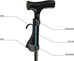 VIX Jive wandelstok klem - multifunctionele stokhouder en wandelstok houder – eenvoudige bevestiging aan elke stok of wandelstok – zwart