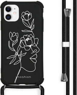 iMoshion iPhone 11 - Hoesje met Koord - Verstelbaar Koord - Wit / Zwart / Woman Flower Black