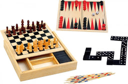 Houten spellendoos 4-in-1 - Denkspel - Schaken Backgammon Mikado Domino - Afmeting kist 17x17x3cm