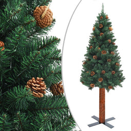 vidaXL - Kerstboom - met - echt - hout - en - dennenappels - smal - 150 - cm - PVC - groen
