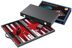 Backgammon - 46 cm - Zwarte kunstlederen koffer met marmer-look stenen - Bruin