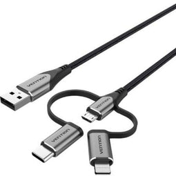 Kabel Vention MFi USB 2.0 do 3-w-1 Micro USB, USB-C i Lightning 1,5 m, szary, ze stopu aluminium