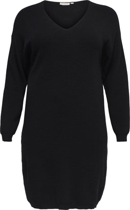 ONLY CARMAKOMA CARESLY LS V-NECK KNEE DRESS - Gebreide rib jurk met V-hals en lange mouwen - Maat M-46/48