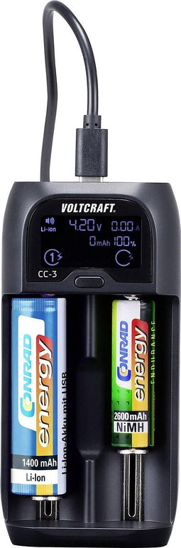 VOLTCRAFT CC-3 Batterijlader NiMH, NiCd, Li-ion, LiFePO AAAA (mini), AAA (potlood), AA (penlite), C (baby), Sub-C, A, 10440, 14500, 14650, 16340, 17355, 17500,