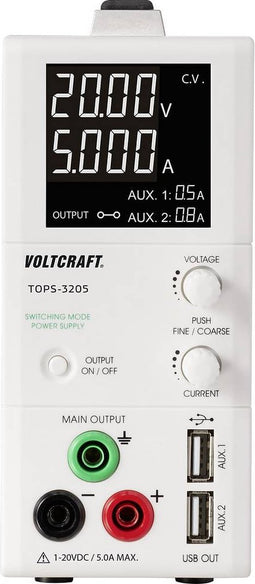 VOLTCRAFT TOPS-3205 Labvoeding, regelbaar 1 - 20 V/DC 0.25 - 5 A 100 W OVP, Smal model Aantal uitgangen: 3 x