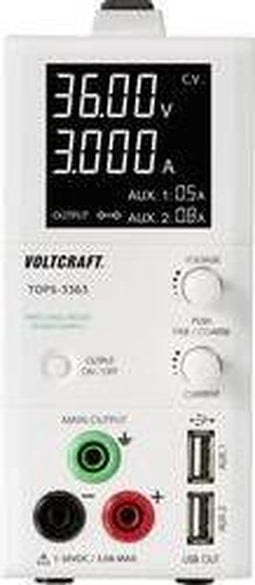 VOLTCRAFT TOPS-3363 Labvoeding, regelbaar 1 - 36 V/DC 0.25 - 3 A 100 W Smal model Aantal uitgangen: 3 x