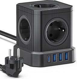 Voomy Cube 2.0 USB-C Stekkerdoos 20W - Met Schakelaar - 5 Stopcontacten - 4 USB Poorten - Powercube - Snellader - 2M Verlengsnoer - Zwart