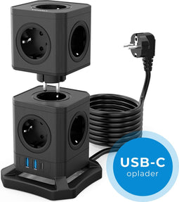 Voomy Cube Stekkerdoos met schakelaar - 5 / 10 Voudig - Stapel Design - 2 USB Poorten & 1 USB-C Poort - Zwart