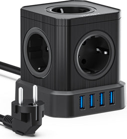 Voomy Cube Stekkerdoos met USB en Schakelaar - 5 Stopcontacten - 4 USB Poorten - Powercube - Overspanningsbeveiliging - 2M Verlengsnoer - Zwart