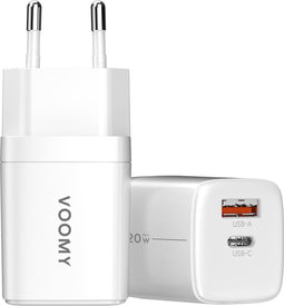 Voomy USB-C Adapter 20W - USB-C & USB-A - Geschikt voor Apple Iphone 11 / 12 / 13 / 14 & Samsung S20 / S21 / S22 / A53 - Snellader Universeel - Wit