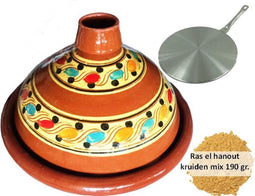 Voordeelpakket aardewerk tajine set, inductie adapter + 190 gr kruiden