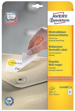 Avery - Afneembare Etiketten - 99,1 x 42,3 mm - Wit