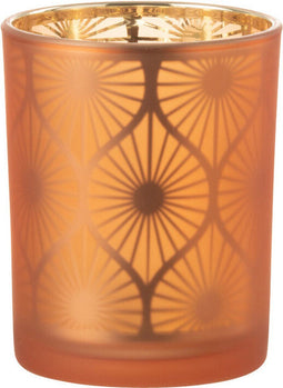 J-Line windlicht Ruit Bloemen - glas - oranje - medium - 2 stuks
