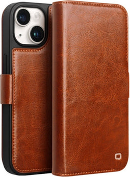 Qialino - Geschikt voor iPhone 15 - Leren bookcase hoes - Cognac