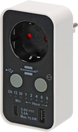 Brennenstuhl Countdown-Timer - Stekkerdoos met USB A en USB C - Afteltijd 15min tot 8u - IP20
