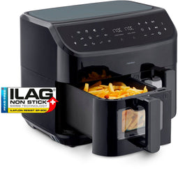 MEDION P20 XXL Dubbele Airfryer (8,7 liter, 2.600 watt, heteluchtfriteuse met 2 kamers, kijkvenster, 9 automatische programma's, 2 lades, Dual Airfryer, Dual Cook & Sync finish functie) zwart