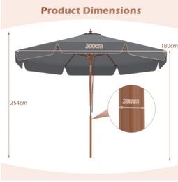 Costway Tuinparasol - 300 cm - Kantelbaar - Houten Paal - Weerbestendig - Grijs
