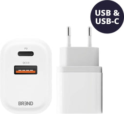 BREND BR-2212 - Snellader - 2 Poorten USB en USB-C - Laadt tot 4x sneller - Wit