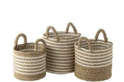 J-Line Set Van Drie Manden Gestreept Raffia Wit/Naturel