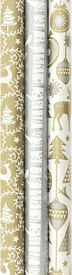 Goud- en zilverkleurig luxe kerst inpakpapier - 3 rollen van 200 x 70 cm