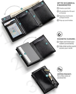 Vulkit creditcardhouder RFID-blokkerende lederen pop-upkaartportemonnee met bankbiljetvak, ID-venster, zak en magnetische sluiting, zwart, modern