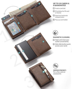 VULKIT creditcardhouder RFID-blokkerende lederen pop-upkaartportemonnee met bankbiljetvak, ID-venster, zak en magnetische sluiting, graanespresso, modern