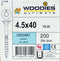 Woodies Ultimate spaanplaatschroef 4,5x40mm - platkop - verzinkt - deeldraad - T25 - 61545372 (Per 200 stuks)