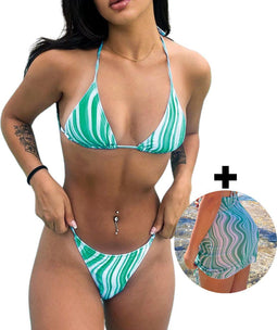 DERRINS Ariya - Bikini Set Dames - 2-delige set met Cover-up Rokje - Groen met Wit (3 stuks)