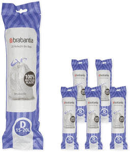 Brabantia PerfectFit Vuilniszakken - 15-20 l - Extra sterk met trekbandsluiting - Wit (6 rollen x 20 stuks)