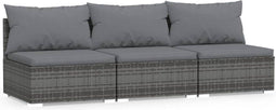 vidaXL - Driezitsbank - met - kussens - poly - rattan - grijs