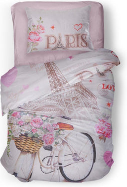 LINNICK Kinder Dekbedovertrek 100% katoen Paris Love - multi 140x200cm - Tiener Dekbedovertrek 1 persoons
