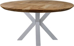 HSM Collection-Ronde Eettafel Fishbone-120x120x76-Naturel/Wit-Eiken/Metaal