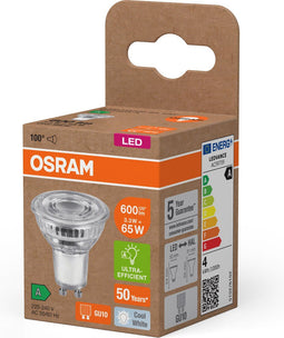 OSRAM Energieklasse LED-reflectorlamp PAR16 met 3,3 W, 600 lm, koud wit (4000 K) gemaakt van loodvrij glas met GU10 voet in energie-efficiëntieklasse A, 50 mm diameter, IP20.