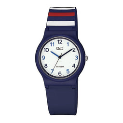 Q&Q V06A-006VY - Horloge - Sport - Analoog - Dames - Vrouwen - Plastic band - Rond - Kunststof - Cijfers - DonkerBlauw- Rood - Wit - Strepen - 10 ATM