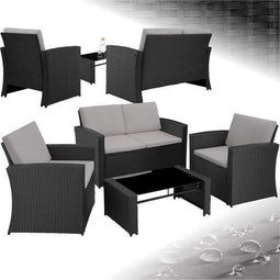 tectake® Wicker Tuinset - Tuinbank en 2 Tuinstoelen - Tafel met Afneembaar Glazen Blad (4 personen)