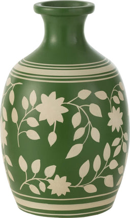J-Line vaas Bladeren/Bloemen + Lijnen - terracotta - groen/wit