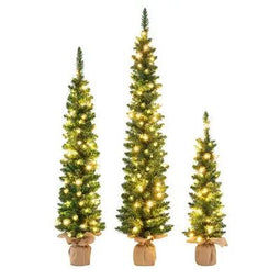 COSTWAY Kunstkerstboom, Set van 3, 90/120/150cm, Warm Witte LED's, Groen